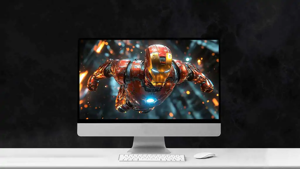 Iron Man in action a futuristic background, available in 4K and Ultra HD wallpaper for desktop and mobile devices in high resolution.