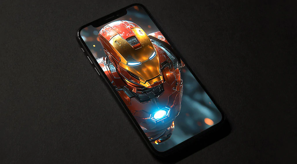 Iron Man in action a futuristic background, available in 4K and Ultra HD wallpaper for desktop and mobile devices in high resolution.