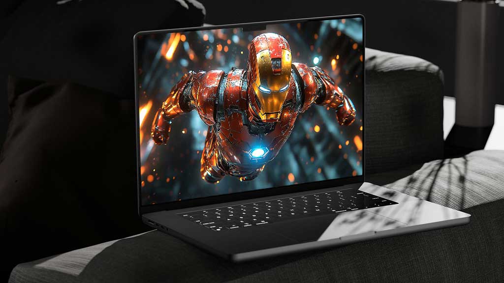 Iron Man en action sur un fond futuriste, disponible en fond d'écran 4K et Ultra HD pour ordinateur de bureau et appareils mobiles en haute résolution.