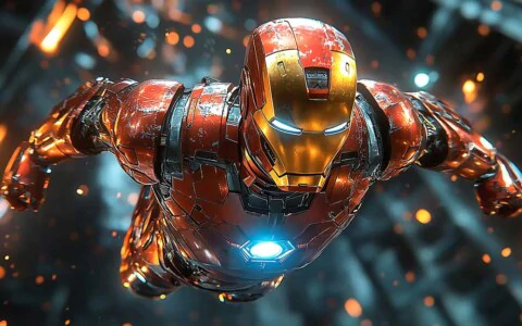 Iron Man in action a futuristic background, available in 4K and Ultra HD wallpaper for desktop and mobile devices in high resolution.