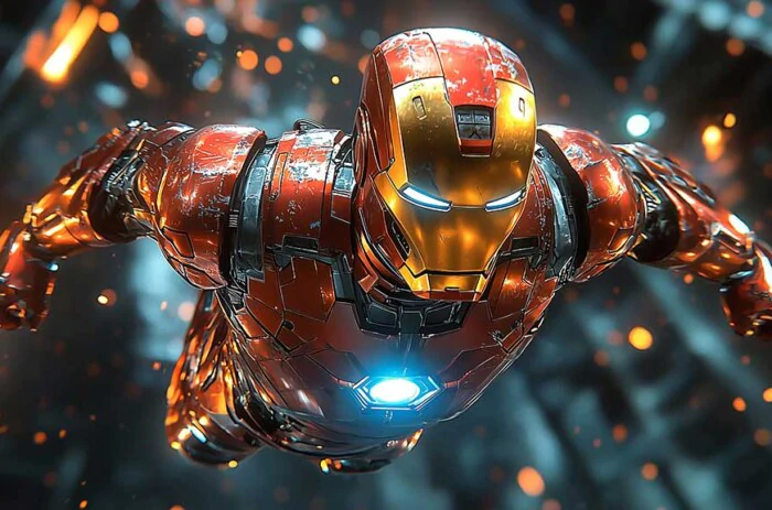 Iron Man in action a futuristic background, available in 4K and Ultra HD wallpaper for desktop and mobile devices in high resolution.