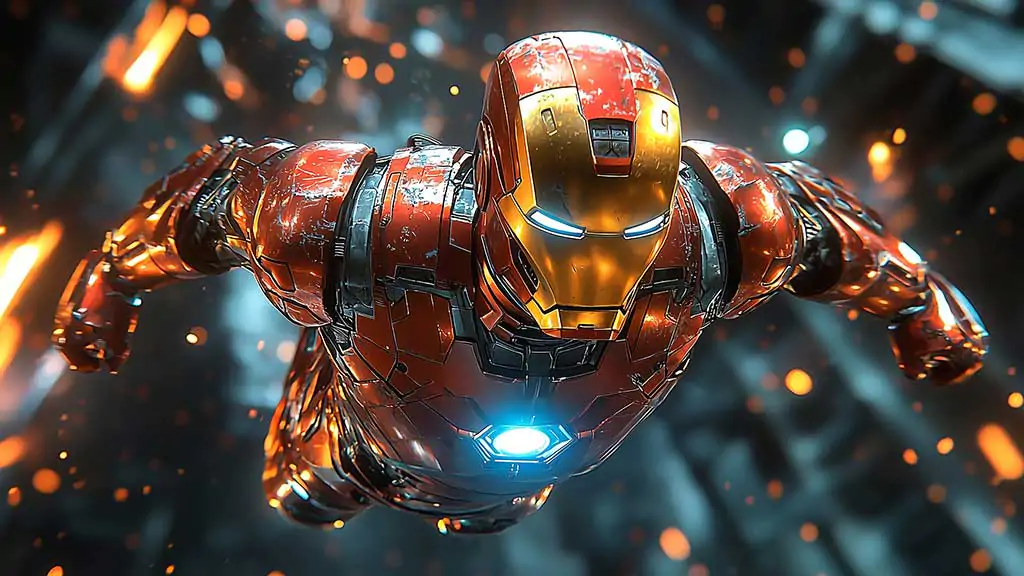 Iron Man in action a futuristic background, available in 4K and Ultra HD wallpaper for desktop and mobile devices in high resolution.