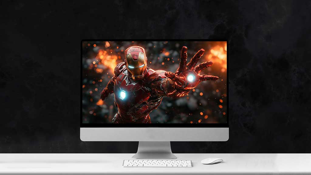 Iron Man dans une pose dynamique avec un faisceau de répulseurs rougeoyant sur un arrière-plan enflammé, disponible en tant que fond d'écran 4K Ultra HD pour les ordinateurs de bureau et les appareils mobiles.
