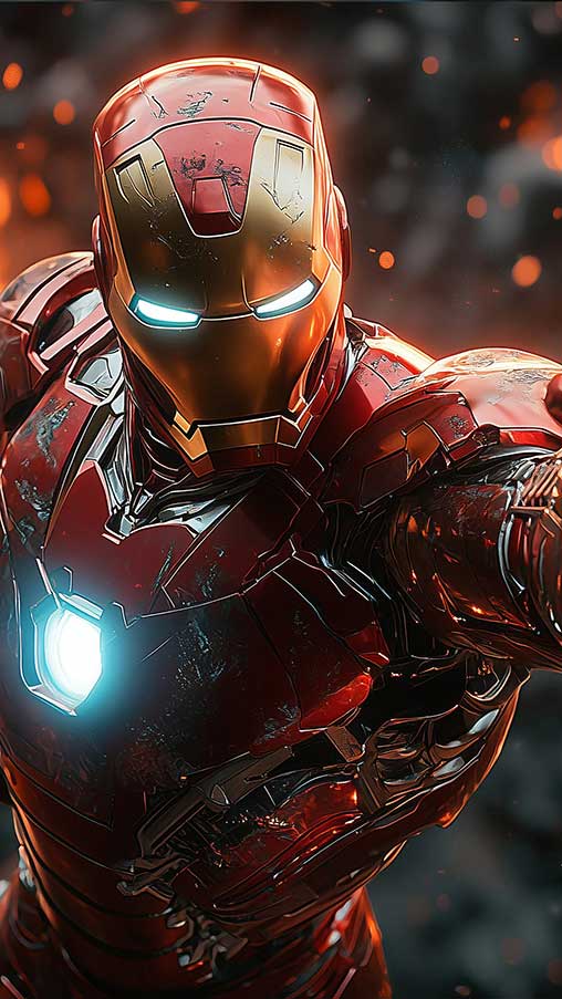 Iron Man dans une pose dynamique avec un faisceau de répulseurs rougeoyant sur un arrière-plan enflammé, disponible en tant que fond d'écran 4K Ultra HD pour les ordinateurs de bureau et les appareils mobiles.