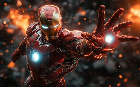 Iron Man dans une pose dynamique avec un faisceau de répulseurs rougeoyant sur un arrière-plan enflammé, disponible en tant que fond d'écran 4K Ultra HD pour les ordinateurs de bureau et les appareils mobiles.