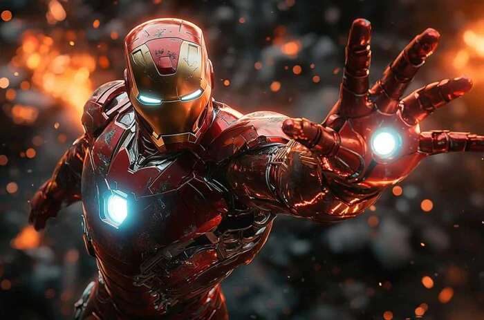 Iron Man dans une pose dynamique avec un faisceau de répulseurs rougeoyant sur un arrière-plan enflammé, disponible en tant que fond d'écran 4K Ultra HD pour les ordinateurs de bureau et les appareils mobiles.