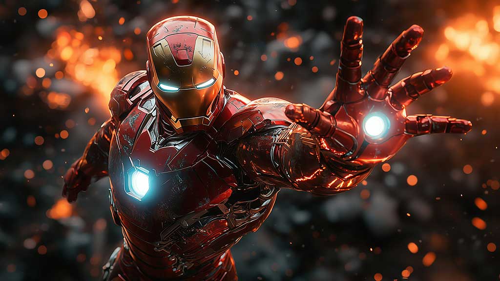 Iron Man dans une pose dynamique avec un faisceau de répulseurs rougeoyant sur un arrière-plan enflammé, disponible en tant que fond d'écran 4K Ultra HD pour les ordinateurs de bureau et les appareils mobiles.