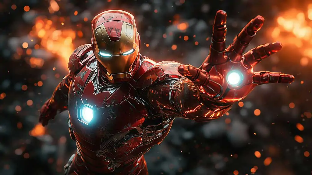 Iron Man in a dynamic pose with a glowing repulsor beam against a fiery backdrop, available as 4K Ultra HD wallpaper for desktop and mobile devices.