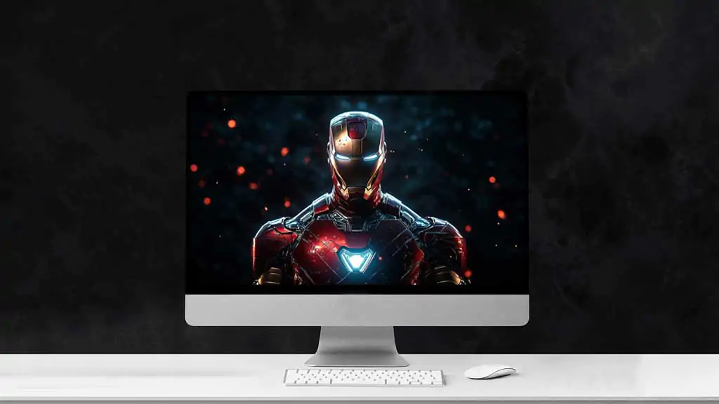 Iron Man standing in a heroic pose with a glowing arc reactor against a dark, fiery background, available as 4K Ultra HD wallpaper for desktop and mobile devices.