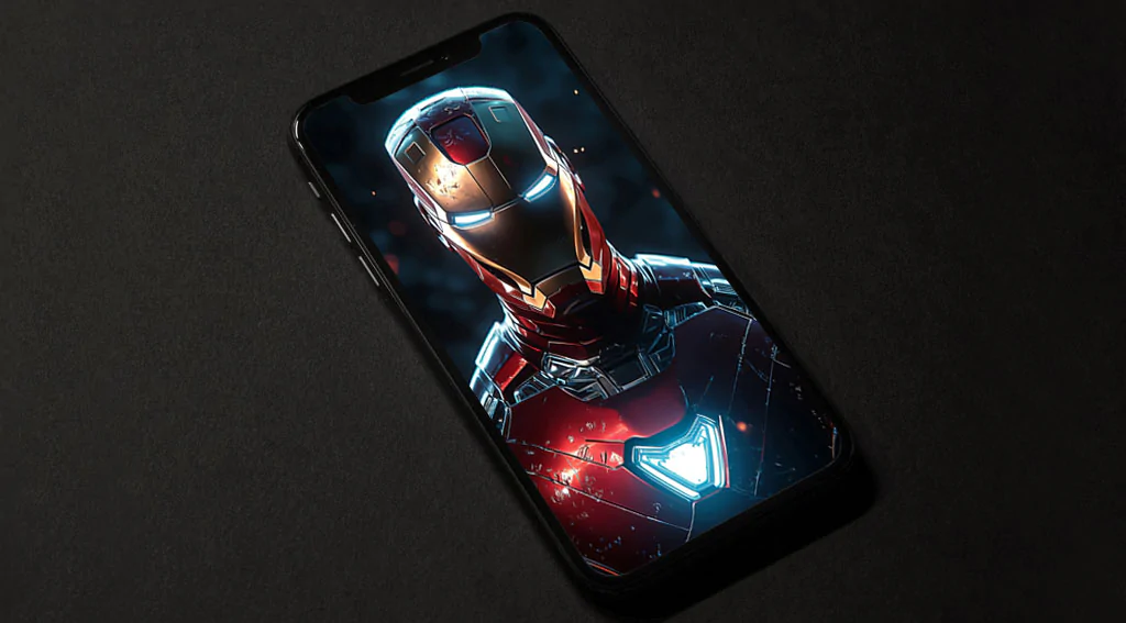 Iron Man standing in a heroic pose with a glowing arc reactor against a dark, fiery background, available as 4K Ultra HD wallpaper for desktop and mobile devices.