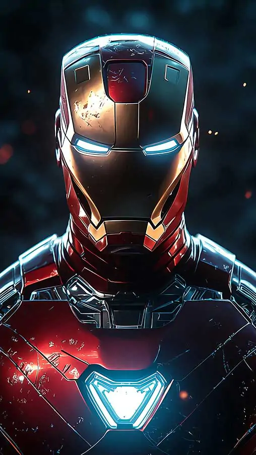 Iron Man standing in a heroic pose with a glowing arc reactor against a dark, fiery background, available as 4K Ultra HD wallpaper for desktop and mobile devices.