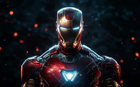 Iron Man standing in a heroic pose with a glowing arc reactor against a dark, fiery background, available as 4K Ultra HD wallpaper for desktop and mobile devices.