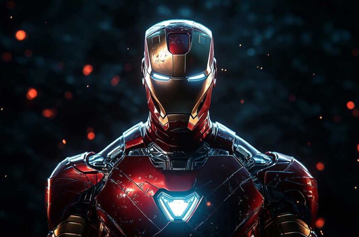 Iron Man dans une pose héroïque avec un réacteur à arc rougeoyant sur un fond sombre et enflammé, disponible en tant que fond d'écran 4K Ultra HD pour les ordinateurs de bureau et les appareils mobiles.