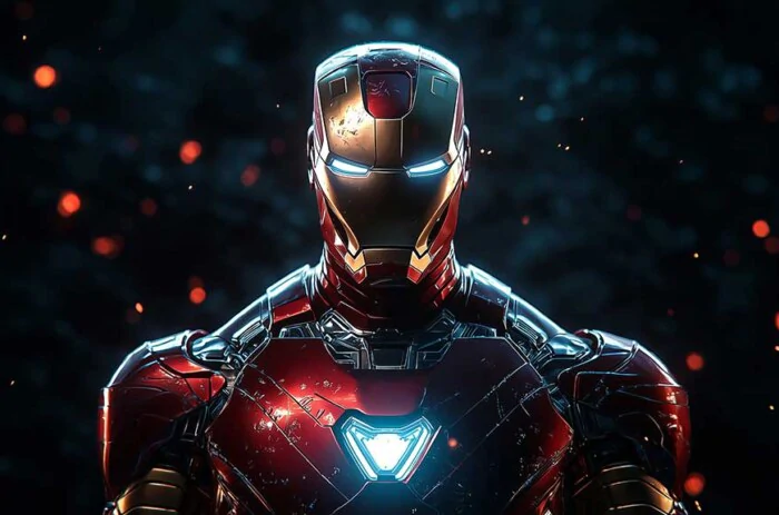 Iron Man standing in a heroic pose with a glowing arc reactor against a dark, fiery background, available as 4K Ultra HD wallpaper for desktop and mobile devices.