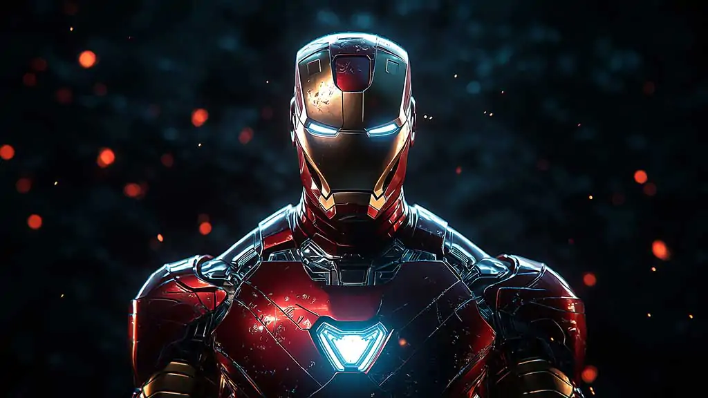 Iron Man standing in a heroic pose with a glowing arc reactor against a dark, fiery background, available as 4K Ultra HD wallpaper for desktop and mobile devices.