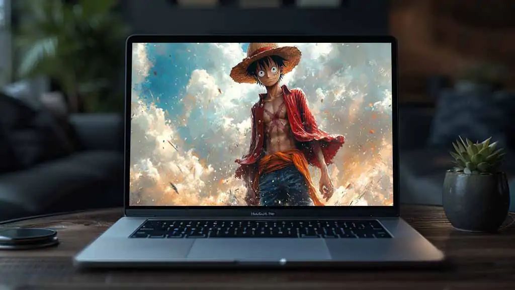 Fond d'écran One Piece Luffy avec scène de bataille dramatique dans le ciel, style pictural, résolution 4K avec chapeau de paille, téléchargement gratuit