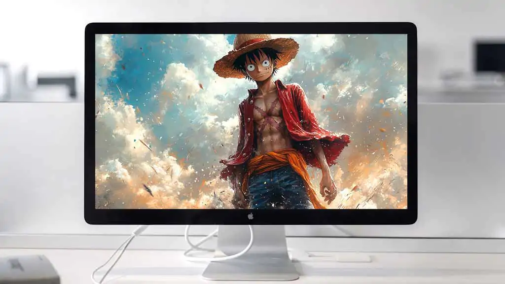 Fond d'écran One Piece Luffy avec scène de bataille dramatique dans le ciel, style pictural, résolution 4K avec chapeau de paille, téléchargement gratuit