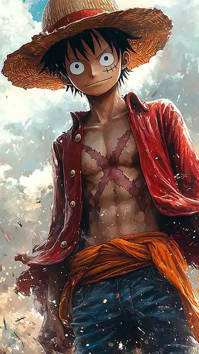 Fond d'écran de scène d'attaque dynamique One Piece Luffy 4K avec effets de feu et énergie explosive dans un style d'art anime ultra HD téléchargement gratuit pour téléphone mobile et iPhone