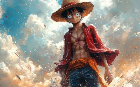 Fond d'écran One Piece Luffy avec scène de bataille dramatique dans le ciel, style pictural, résolution 4K avec chapeau de paille, téléchargement gratuit
