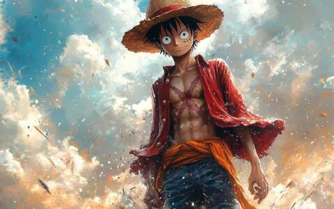 One Piece Luffy artwork wallpaper featuring dramatic sky battle scene, painterly style 4K resolution with straw hat free download