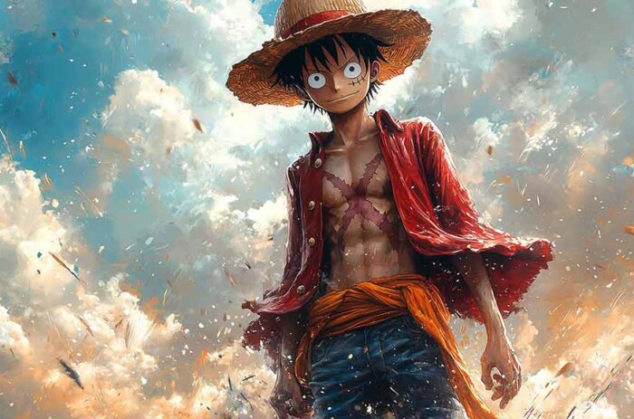 Fond d'écran One Piece Luffy avec scène de bataille dramatique dans le ciel, style pictural, résolution 4K avec chapeau de paille, téléchargement gratuit