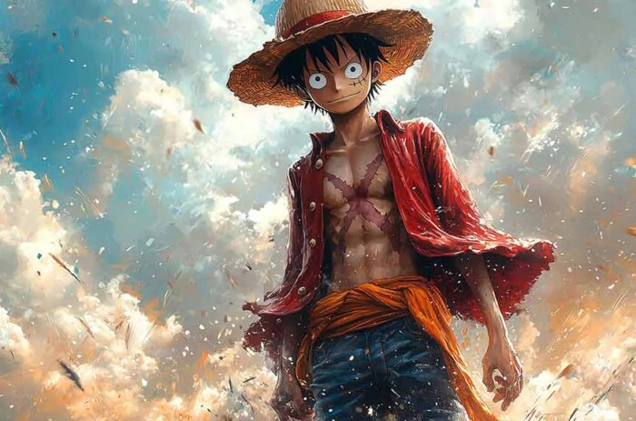 Fond d'écran de scène d'attaque dynamique One Piece Luffy 4K avec effets de feu et énergie explosive dans un style d'art anime ultra HD téléchargement gratuit pour téléphone mobile et iPhone