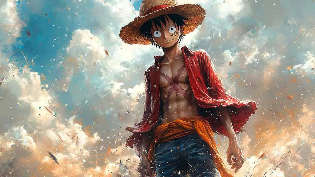 Fond d'écran de scène d'attaque dynamique One Piece Luffy 4K avec effets de feu et énergie explosive dans un style d'art anime ultra HD téléchargement gratuit pour téléphone mobile et iPhone