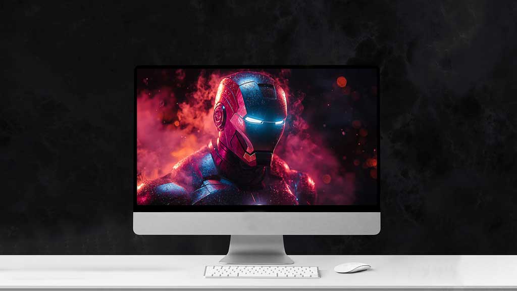 Image haute résolution d'Iron Man dans son costume emblématique, disponible gratuitement comme fond d'écran 4K et Ultra HD avec lumière néon pour les ordinateurs de bureau et les appareils mobiles.