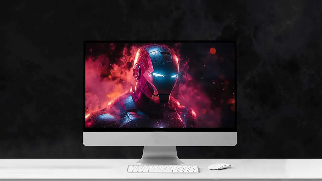 High-resolution image of Iron Man in his iconic suit, available as a free 4K and Ultra HD wallpaper with neon light for desktop and mobile devices.