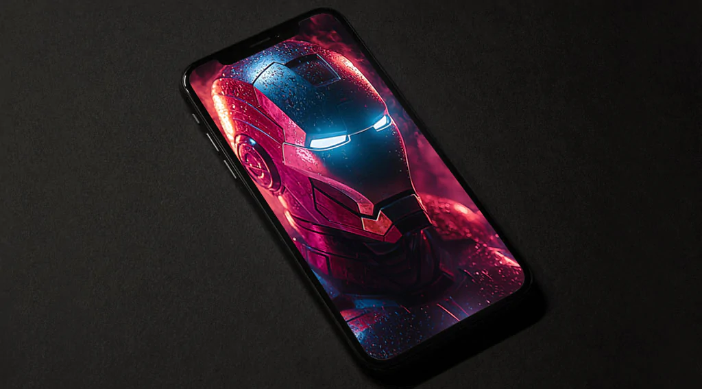 High-resolution image of Iron Man in his iconic suit, available as a free 4K and Ultra HD wallpaper with neon light for desktop and mobile devices.