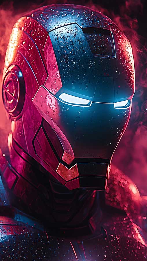 Image haute résolution d'Iron Man dans son costume emblématique, disponible gratuitement comme fond d'écran 4K et Ultra HD avec lumière néon pour les ordinateurs de bureau et les appareils mobiles.
