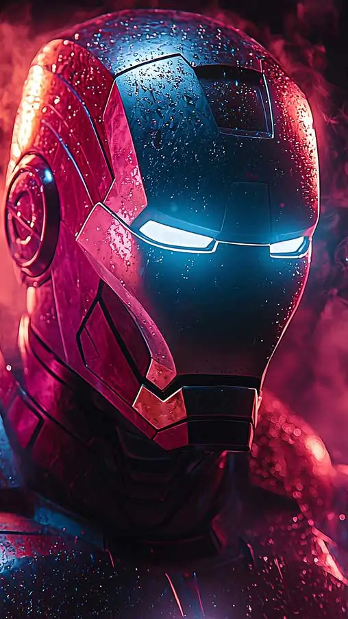 High-resolution image of Iron Man in his iconic suit, available as a free 4K and Ultra HD wallpaper with neon light for desktop and mobile devices.