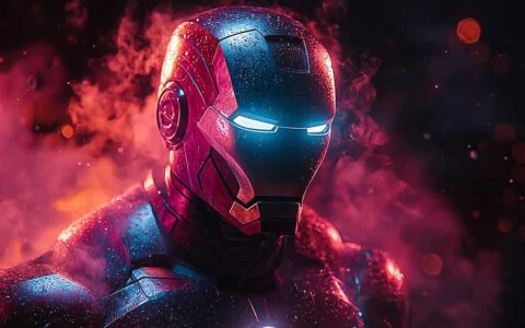 High-resolution image of Iron Man in his iconic suit, available as a free 4K and Ultra HD wallpaper with neon light for desktop and mobile devices.