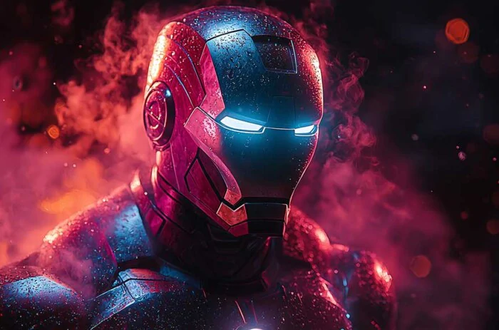 Image haute résolution d'Iron Man dans son costume emblématique, disponible gratuitement comme fond d'écran 4K et Ultra HD avec lumière néon pour les ordinateurs de bureau et les appareils mobiles.