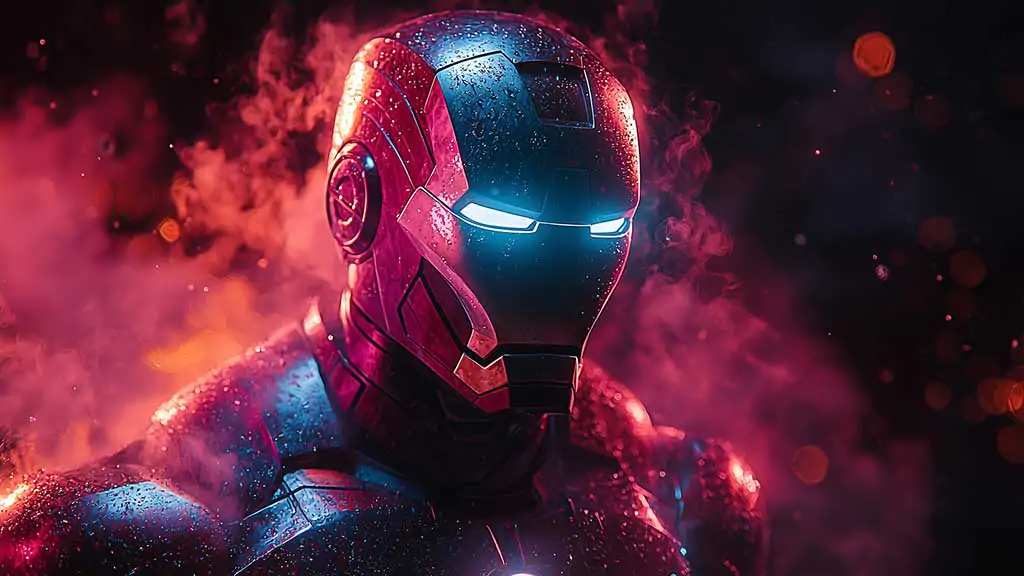 High-resolution image of Iron Man in his iconic suit, available as a free 4K and Ultra HD wallpaper with neon light for desktop and mobile devices.