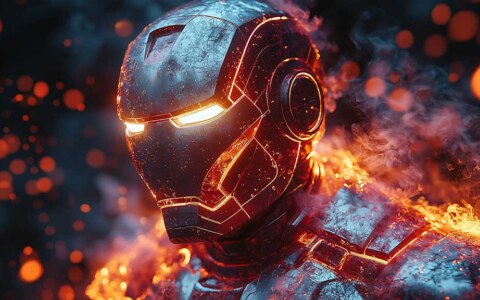 Image haute résolution d'Iron Man entouré de flammes, disponible en tant que fond d'écran 4K et Ultra HD gratuit pour les ordinateurs de bureau et les appareils mobiles.