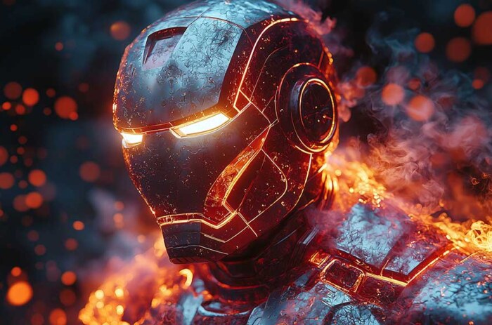Image haute résolution d'Iron Man entouré de flammes, disponible en tant que fond d'écran 4K et Ultra HD gratuit pour les ordinateurs de bureau et les appareils mobiles.