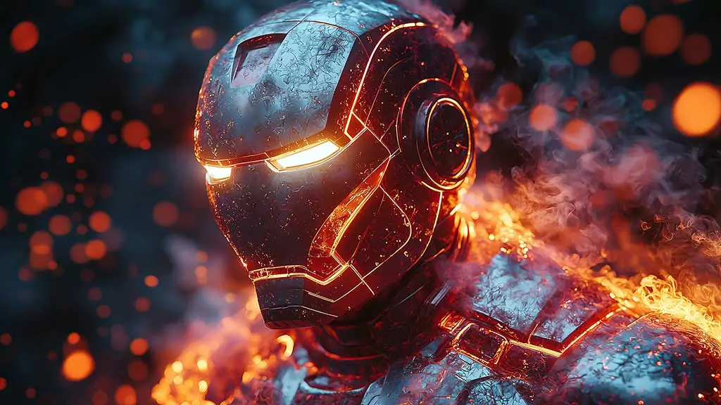 High-resolution image of Iron Man surrounded by flames, available as a free 4K and Ultra HD wallpaper for desktop and mobile devices.