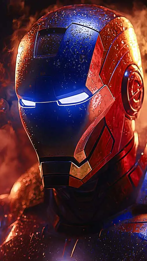 High-resolution close-up image of Iron Man's helmet with glowing eyes, available as a free 4K and Ultra HD wallpaper for desktop and mobile devices.