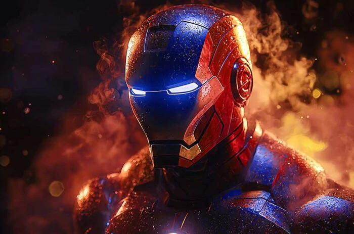 Image haute résolution en gros plan du casque d'Iron Man avec des yeux lumineux, disponible en tant que fond d'écran 4K et Ultra HD gratuit pour les ordinateurs de bureau et les appareils mobiles.