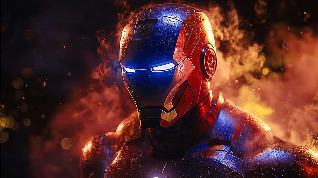 Image haute résolution en gros plan du casque d'Iron Man avec des yeux lumineux, disponible en tant que fond d'écran 4K et Ultra HD gratuit pour les ordinateurs de bureau et les appareils mobiles.