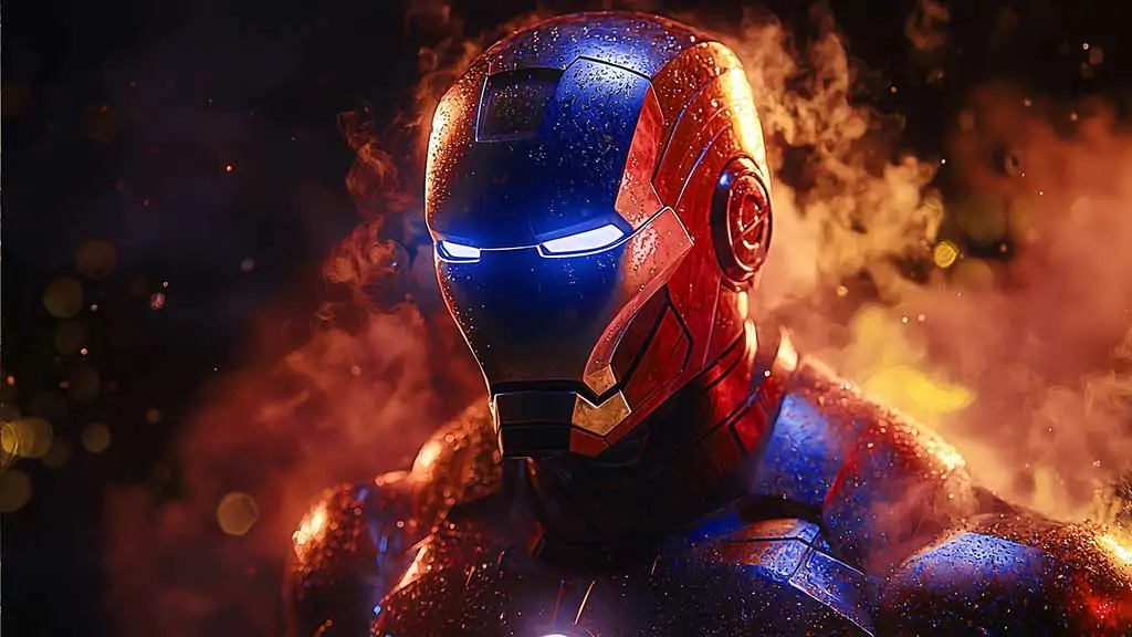 High-resolution close-up image of Iron Man's helmet with glowing eyes, available as a free 4K and Ultra HD wallpaper for desktop and mobile devices.