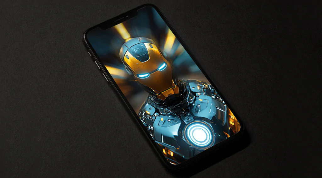 Iron Man gold and blue armor wallpaper with glowing arc reactor and radial effects in 4K Ultra HD resolution for all mobile phone and iphone