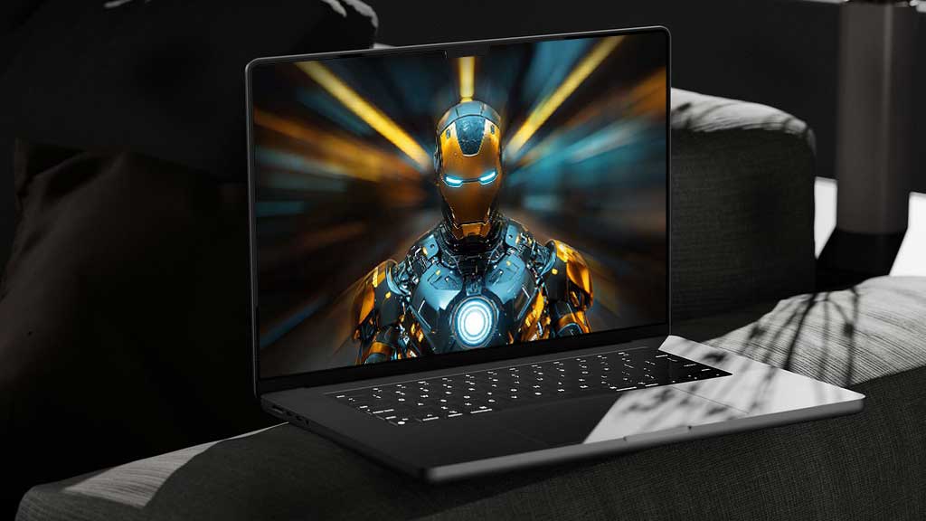Fond d'écran Iron Man avec armure dorée et bleue et réacteur à arc lumineux et effets radiaux en résolution 4K Ultra HD pour ordinateur portable