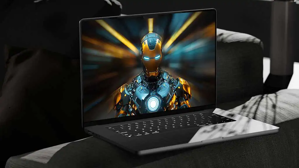 Iron Man gold and blue armor wallpaper with glowing arc reactor and radial effects in 4K Ultra HD resolution for laptop