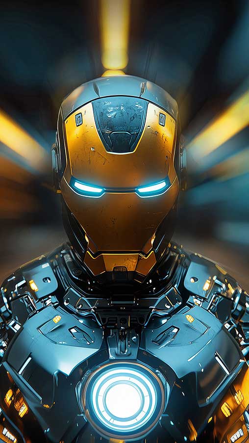 Fond d'écran Iron Man avec armure dorée et bleue et réacteur à arc lumineux et effets radiaux en résolution 4K Ultra HD pour tous les téléphones mobiles et iPhone