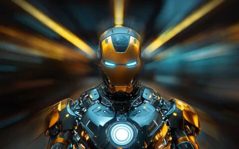 Iron Man gold and blue armor wallpaper with glowing arc reactor and radial effects in 4K Ultra HD resolution for all devices