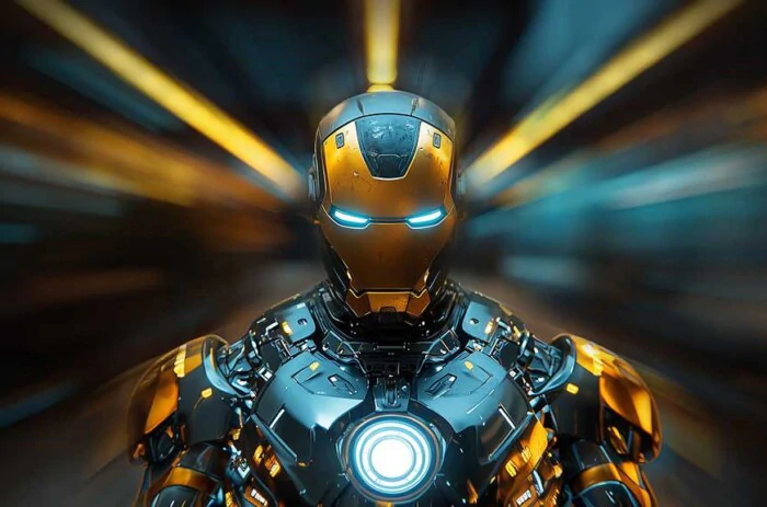 Iron Man gold and blue armor wallpaper with glowing arc reactor and radial effects in 4K Ultra HD resolution for all devices