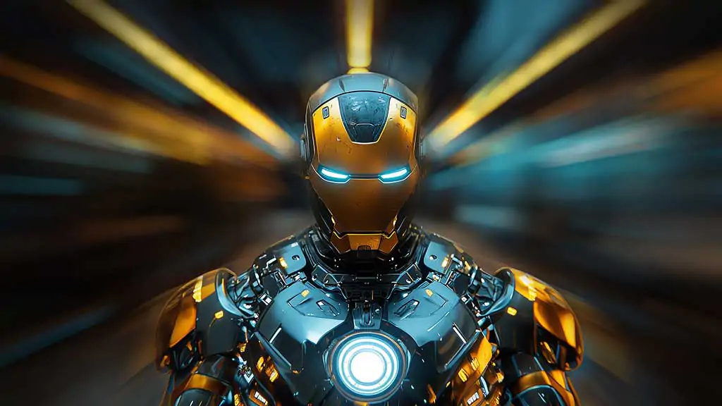 Iron Man gold and blue armor wallpaper with glowing arc reactor and radial effects in 4K Ultra HD resolution for all devices