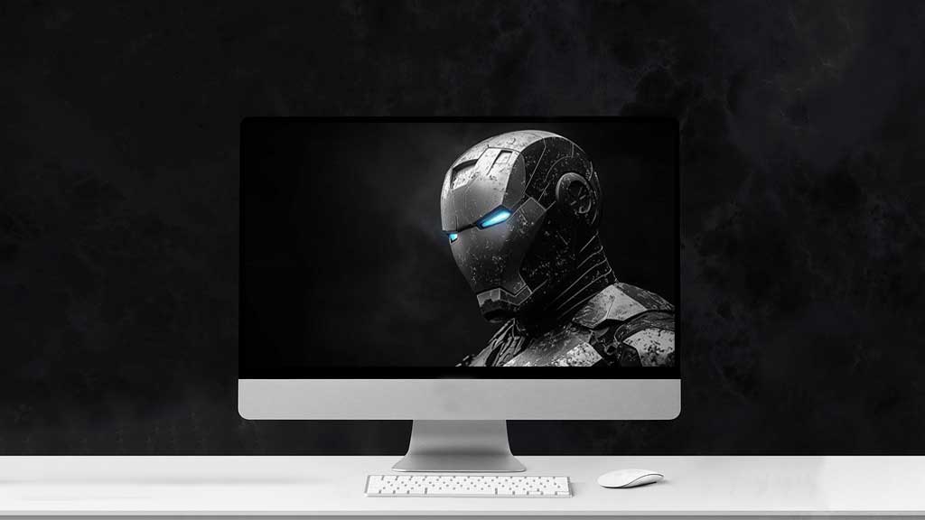 Fond d'écran d'armure Iron Man noir et blanc avec des yeux bleus brillants dans un style noir, avec des textures usées par la bataille en 4K Ultra HD pour ordinateur de bureau